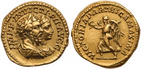 Roman Empire (Ancient, 27 BC - 476 AD)
Septimius Severus, with Caracalla, as Caesar. Gold Aureus (7.41 g), AD 193-211. Rome, AD 204(?). IMPP INVICTI ...