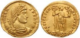 Roman Empire (Ancient, 27 BC - 476 AD)
Valens. Gold Solidus (4.45 g), AD 364-378. Arelate, AD 364-367. D N VALEN-S P F AVG, diademed, draped and cuir...