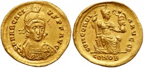 Roman Empire (Ancient, 27 BC - 476 AD)
Arcadius. Gold Solidus (4.41 g), AD 383-408. Constantinople, AD 395-402. D N ARCADI-VS P F AVG, diademed, helm...