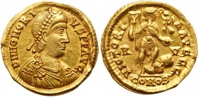 Roman Empire (Ancient, 27 BC - 476 AD)
Honorius. Gold Solidus (4.44 g), AD 393-423. Ravenna, AD 402-408. D N HONORI-VS P F AVG, diademed, draped and ...
