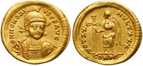 Roman Empire (Ancient, 27 BC - 476 AD)
Honorius. Gold Solidus (4.42 g), AD 393-423. Constantinople, AD 420. D N HONORI-VS P F AVG, diademed, helmeted...
