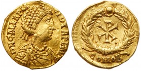 Roman Empire (Ancient, 27 BC - 476 AD)
Galla Placidia. Gold Tremissis (1.45 g), Augusta, AD 421-450. Rome or Ravenna, ca. 440-450. D N GALLA PLA-CIDI...