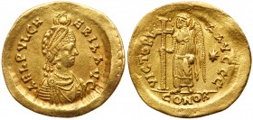 Roman Empire (Ancient, 27 BC - 476 AD)
Aelia Pulcheria. Gold Solidus (4.26 g), Augusta, AD 414-453. Constantinople, under Marcian, AD 450-457. AEL PV...