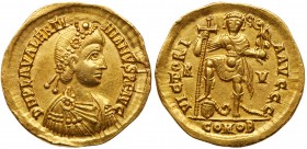 Roman Empire (Ancient, 27 BC - 476 AD)
Valentinian III. Gold Solidus (4.47 g), AD 425-455. Ravenna, ca. AD 426-455. D N PLA VALENTI-NIANVS P F AVG, r...