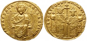 Byzantine Empire (491-1204)
Leo VI, the Wise. Gold Solidus (4.35 g), 886-912. Constantinople, 908-912. + IhS XPS REX REGNANTIЧM, Christ Pantokrator e...