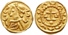 Franks (Medieval)
Merovingians, Uncertain. Gold Tremissis (1.27 g), ca. 575-650. Blundered legend, diademed and draped bust left. Reverse: Blundered ...