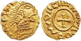 Franks (Medieval)
Merovingians, Deverstedt. Gold Tremissis (1.31 g), ca. 600-750. Blundered legend, draped bust right. Reverse: Blundered legend, cro...