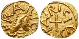 Franks (Medieval)
Merovingians, Evrecy (Calvados). Gold Tremissis (1.20 g), ca. 600-750. Patricius, moneyer. + APRARICA, Diademed and draped bust rig...
