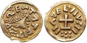 Franks (Medieval)
Merovingians, Dorestad. Gold Tremissis (1.20 g), ca. 600-750. &Delta;OS(trefoil)EST&Lambda;TFIT, draped bust right. Reverse: H&Lamb...