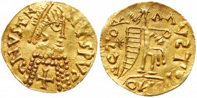 Spain - Medieval Germanic (409-711)
Visigoths in Gaul. Pseudo-imperial issue. Gold Tremissis (0.80 g), 417-507. Narbonne(?), in the name of Justin I....