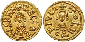 Spain - Medieval Germanic (409-711)
Visigoths. Reccared I. Gold Tremissis (1.45 g), 586-601. Toledo. + RECCAREDVS REX, facing bust. Reverse: + TOLETO...