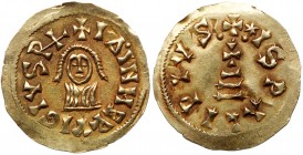 Spain - Medieval Germanic (409-711)
Visigoths. Ervig. Gold Tremissis (1.51 g), 680-687. Ispali (Seville). + I&Delta;INM ERVIGIVS (Rx), facing bust. R...