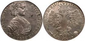 Poltina 1707. Arabic date. Novodel.

Oblique milling. Bit H574 (R2). Very rare. Authenticated and graded by NGC MS 61. Trivial obverse laminations a...
