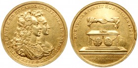 Medal of 20 Ducat weight. GOLD. 48 mm. 69.46 gm. Unknown engraver. On the Marriage of Tsarevich Alexei and Princess Charlotte, 1711. 

Diakov 41.1 (...