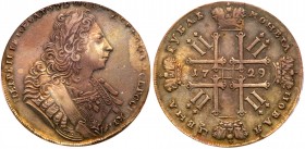 Rouble 1729. Moscow. Kadashevskiy Mint. Type 1729 with Orders ribbon on chest. 

Bit 114, Diakov 27, Uzd 0690. Pale golden tone, medium gray. Bold s...
