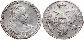 Rouble 1733/4. Overdate.

25.12 gm. Moscow. Kadashevskiy Mint. Portrait in high relief. No brooch on bosom. Bitkin 82 (R1), Diakov 6, Petrov (8 Rubl...