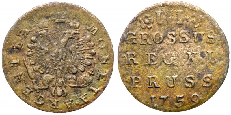 II Groschen 1759. Königsberg. 

1.04 gm. Numerals in value II widely spaced. O...