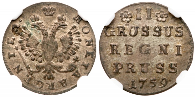 II Groschen 1759. Königsberg. 

1.43 gm. Numerals in value II close together. ...