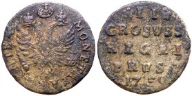 II Groschen 1759. Königsberg.

1.09 gm. Narrow eagle tail; GROSUSS. Olding 458b, Bit 759 (R2), Diakov 656 (R2), Petrov (15 Rubl.), Sev 1779 (RR), Uz...