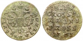 II Groschen 1761. Königsberg. 

1.19 gm. Small value II, large date. Olding 458a, Bit 770 (R1), Diakov 758 (R1), Sev 1840, Uzd 4900 (S).

Extremel...