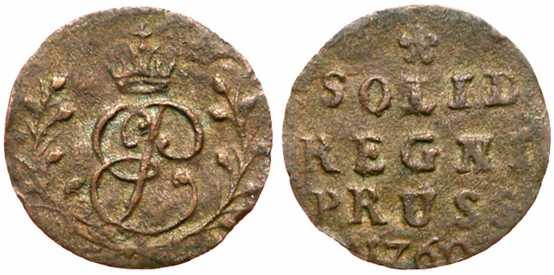 Solidus 1760. Königsberg. 

0.33 gm. Cross atop crown somewhat taller and narr...