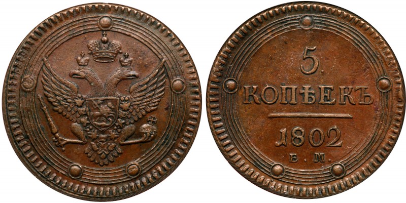 5 Kopecks 1802 EM. 

Bit 283, B 102. Authenticated and graded by NGC AU 55 BN....