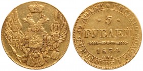 5 Roubles 1834 CПБ-ПA. GOLD. 

Bit 9, Sev 411, Fr 155. A few old hairlines on reverse.

Good very fine.