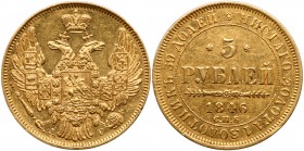 5 Roubles 1846 CПБ-AГ. GOLD.

Eagle of 1845 pattern. Bit 27, Fr 155. Light field marks, luste.

Extremely fine to about uncirculated.