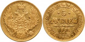 5 Roubles 1848 CПБ-AГ. GOLD. 

Bit 30, Fr 155. Underlying lustre.

About uncirculated.
