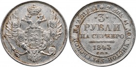 3 Roubles 1843 СПБ. Platinum.

Bit 89 (R), Ilyin (10 Rubl.), Konros 37/17. Mintage: 172,335 pcs.

Extremely fine.