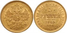 5 Roubles 1869 СПБ-НI. GOLD. 

Bit 17, Fr 163. Lustrous.

Uncirculated.