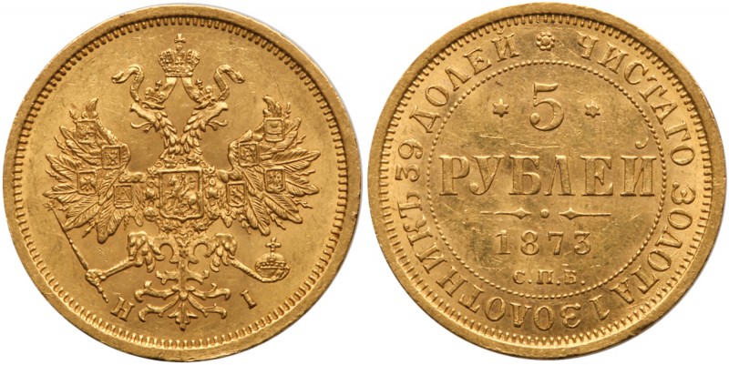 5 Roubles 1873 СПБ- НI. GOLD. 

Bit 21, Fr 163.

Uncirculated.