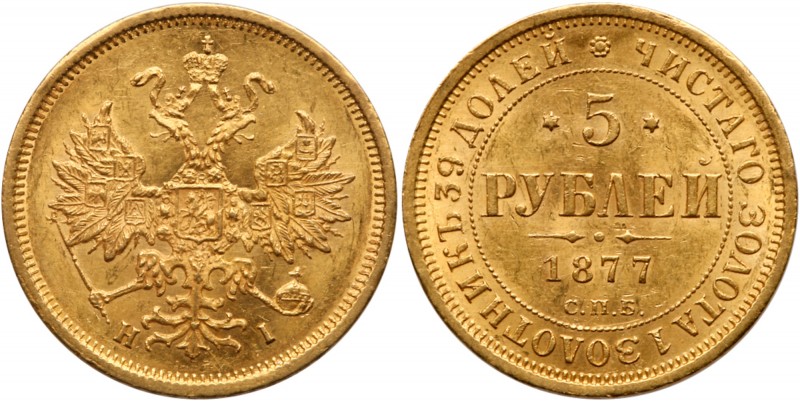 5 Roubles 1877 СПБ- НI. GOLD. 

Bit 25, Fr 163.

Uncirculated.