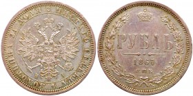 Rouble 1867 CПБ-HI.

Bit 80, Sev 3779 (S). Scarce with a low mintage of only 425,040 pcs. Toned.

Uncirculated.
