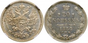 20 Kopecks 1880 CПБ-HФ. 

Bit 233, Sev 3900. Authenticated and graded by NGC MS 62.

Brilliant uncirculated.