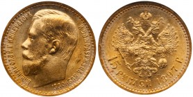15 Roubles 1897 AГ. GOLD. 

Last three letters of legend below truncation. Bit 2, Sev 562 (S). One-year type. Authenticated and graded by ANACS MS 6...
