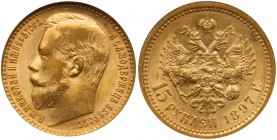 15 Roubles 1897 AГ. GOLD. 

Last three letters of legend below truncation. Bit 2, Sev 562 (S). One-year type. Authenticated and graded by ANACS AU 5...