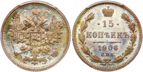 15 Kopecks 1906 СПБ-ЭБ. 

Bit 132, Uzd 2156. Authenticated and graded by PCGS PR 65.

Gem brilliant PROOF

Ex ‘The New York Sale’, XXXVIII, Janu...