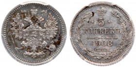 5 Kopecks 1908 CПБ-ЭБ. 

Bit 184, Sev 4130. Authenticated and graded by PCGS PR62. Soft amber and blue highlights.

Choice Brilliant PROOF.