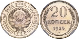 20 Kopecks 1925. 

Fed 10п, Y 88. Authenticated and graded by NGC PR 64 Cameo. Lovely pale golden highlights.

Gem PROOF