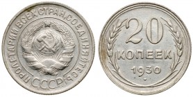 Mule. 20 Kopecks 1930. 

3.77 gm. Fed 19. Obverse of 3 Kopecks of 1926-1930. Rare.

Uncirculated.
