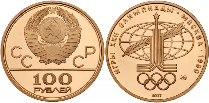 Compete Proof Set of 1980 Olympics Commemorative GOLD 100 Roubles.

1977 – Log...