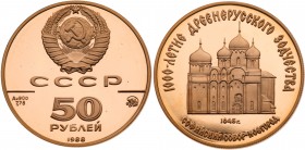 50 Roubles 1988. 1000th Anniversary of Russian Architecture. GOLD. 

8.63 gm. Y 213. St. Sophia in Novgorod. 25,000 pieces struck.

Gem brilliant ...