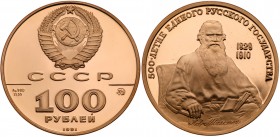 100 Roubles 1991. 500th Anniversary of the Russian State Commemorative. GOLD. 

17.28 gm. Y 278. Tolstoi. 14,000 pieces struck.

Gem brilliant PRO...