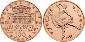100 Roubles 1991. Bolshoi Ballet series. GOLD, .

585 Fine. 26.59 gm. Y 288. Mintage of only 1,200 pieces. In original blue case.

Gem brilliant u...