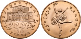 50 Roubles 1991. Bolshoi Ballet series. GOLD,

.585 Fine. 13.3 gm. Y 287. Mintage of only 2,400 pieces. With Certificate.

Gem brilliant uncircula...