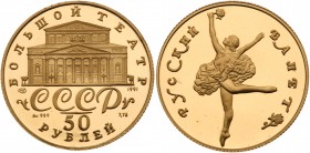 50 Roubles 1991. Bolshoi Ballet series. GOLD, .

999 Fine. 7.78 gm. Y 287. Mintage of only 1,500 pieces.

Gem brilliant PROOF
