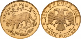 200 Roubles 1996. GOLD. 31.1 gm. Wildlife series. 

Amur tiger. Y 540. Only 1,000 pieces struck. Authenticated and graded by NGC PF 69 Ultra Cameo....