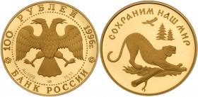 100 Roubles 1996. GOLD. 15.5 gm. Wildlife series.

Amur tiger. Y 539. Only 1,000 pieces struck.

Gem brilliant PROOF