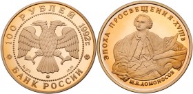 100 Roubles 1992. GOLD. 17.5 gm. Michael Lomonossov Commemorative. 

Y 357. 5,700 pieces minted. In original case.

Gem brilliant PROOF